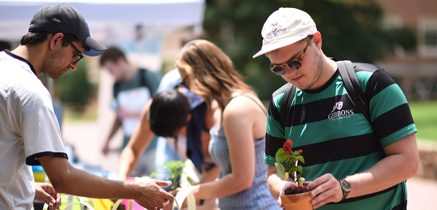 Student receives a potted plant from an activity table outside on campus.