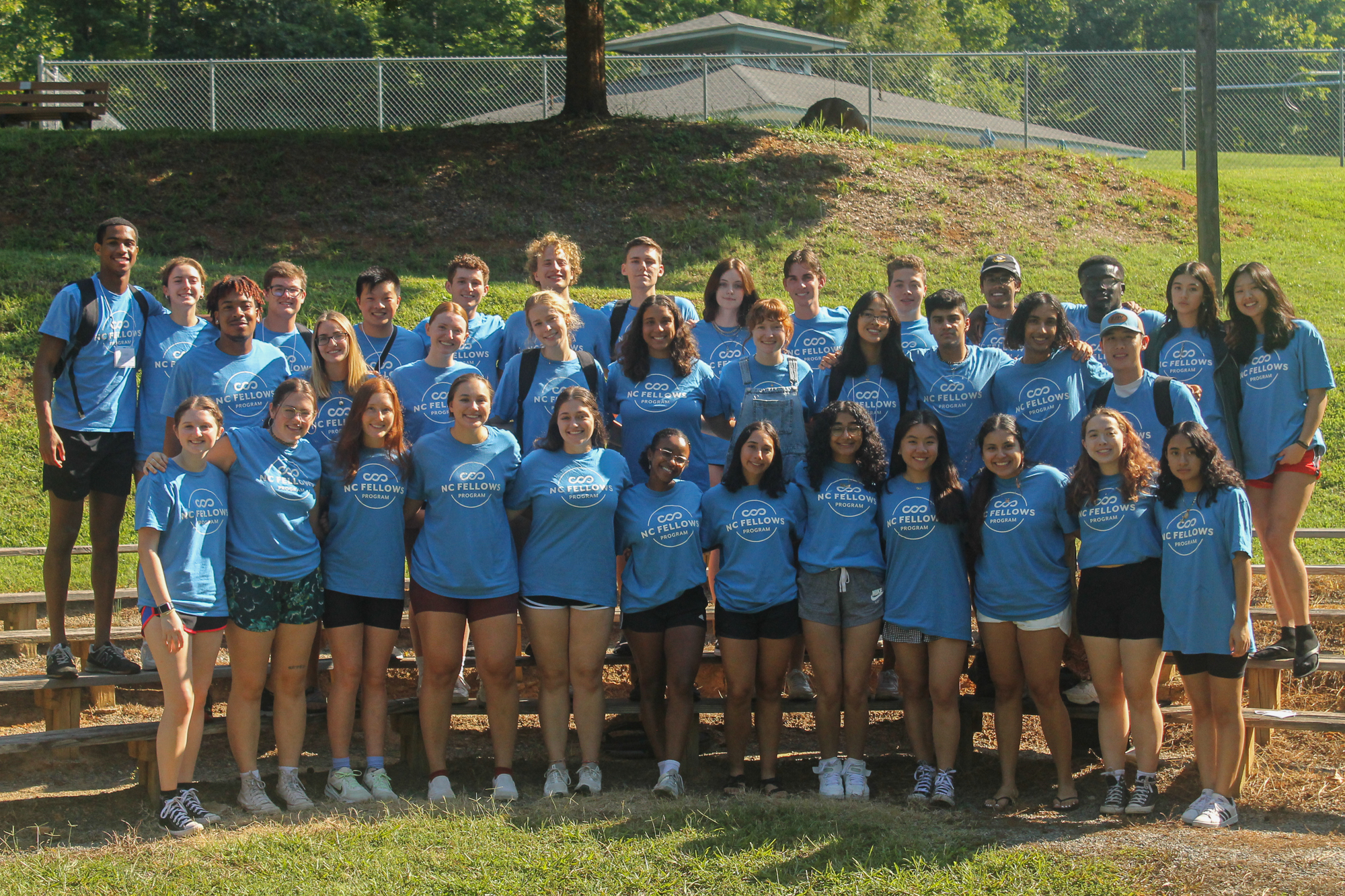 Group photo from the NC Fellows 2022 retreat, featuring members posing in their blue NC Fellows shirts.