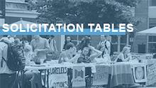 Image link with the words "solicitation tables" over an image of students meeting at tables outside the Carolina Union