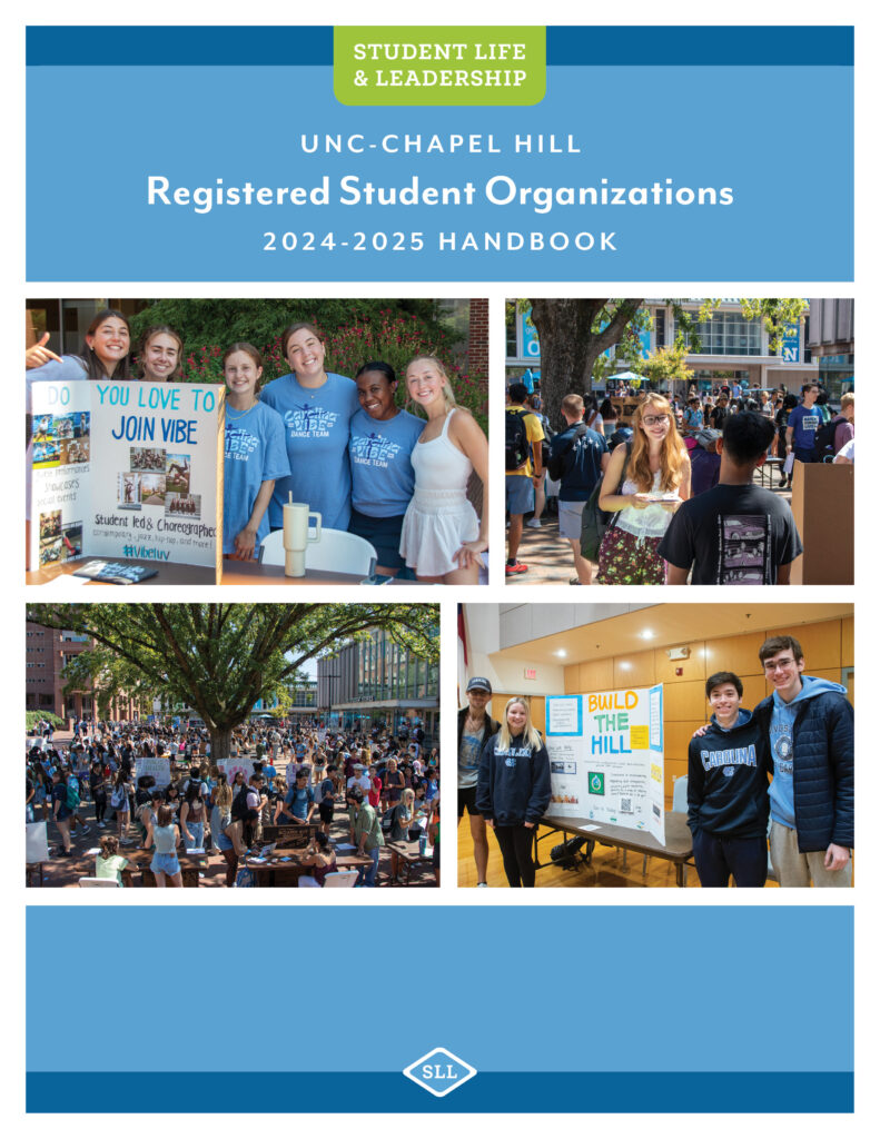 Cover for the 2024-2025 Registered Student Organizations handbook. Includes images of SmallFest and Spring involvement fairs where students are tabling for their respective orgs.