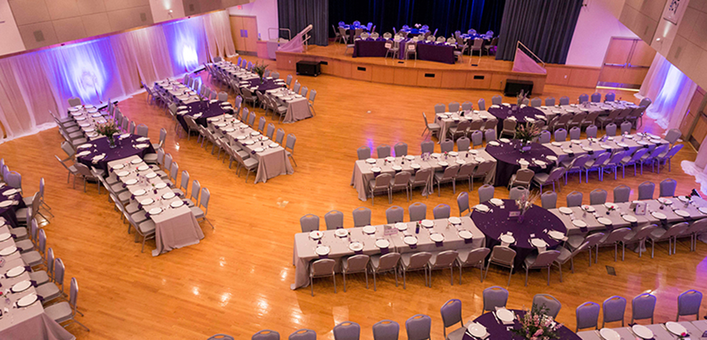 Overview image of a wedding setup in the Carolina Union's Great Hall.