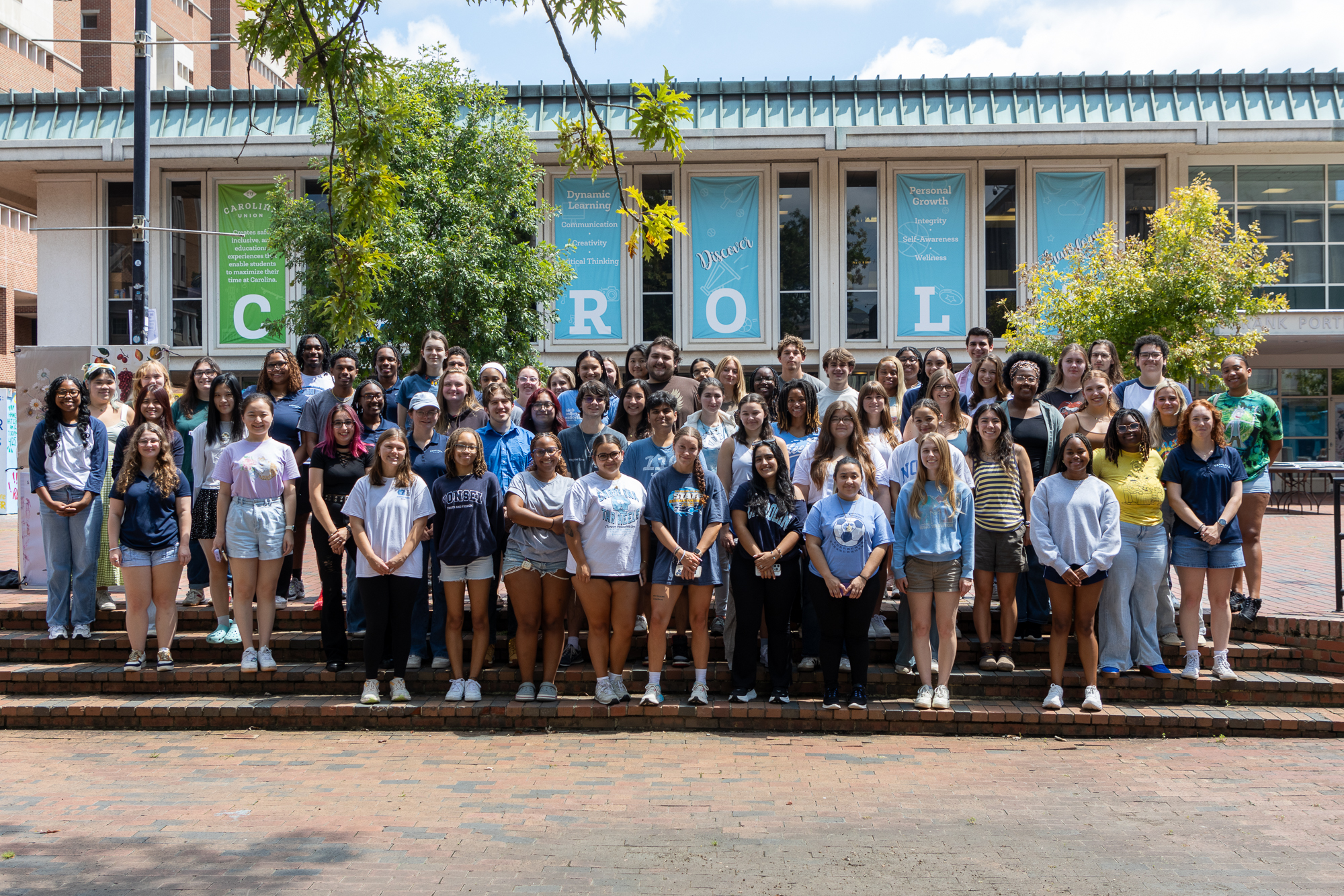 Union student staff pose for a group photo in the Pit in front of the Carolina Union at Fall Conference 2025.