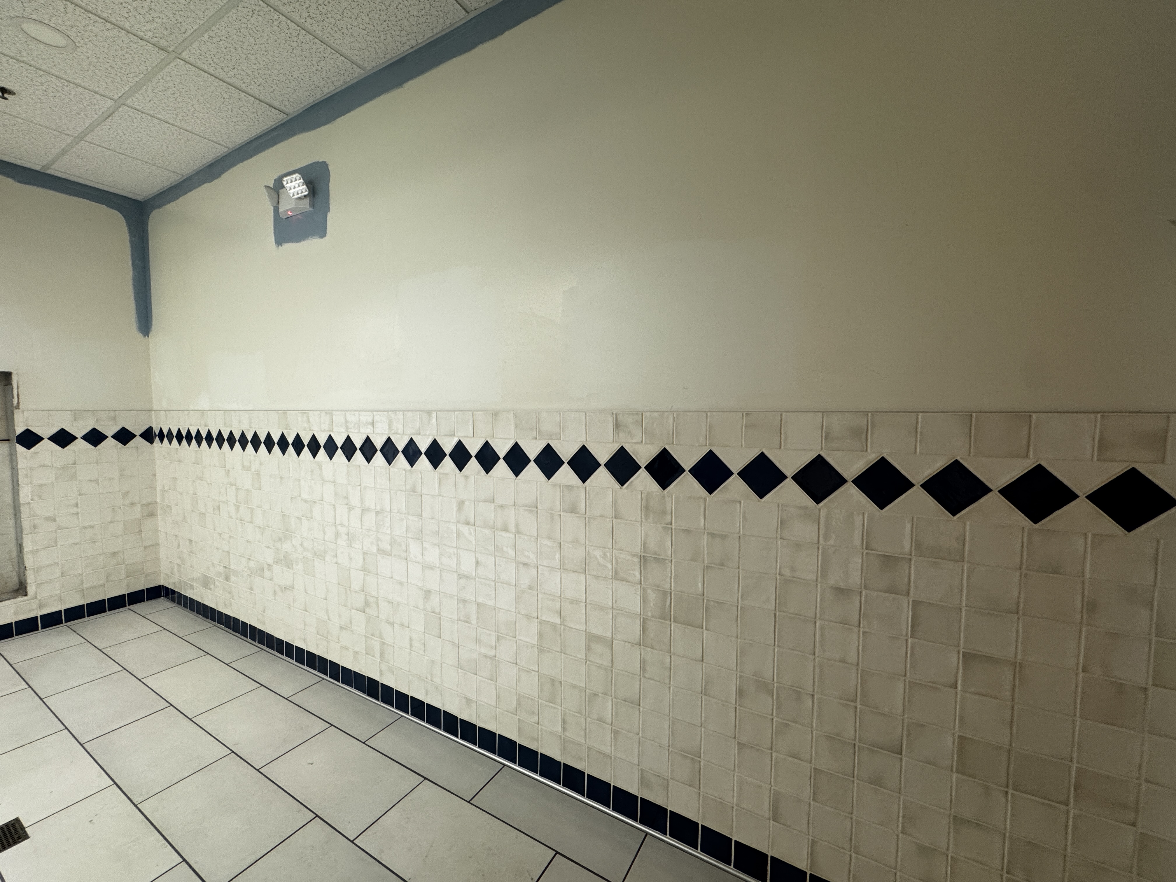 Completed floor and wall tile in the West Lounge bathroom.