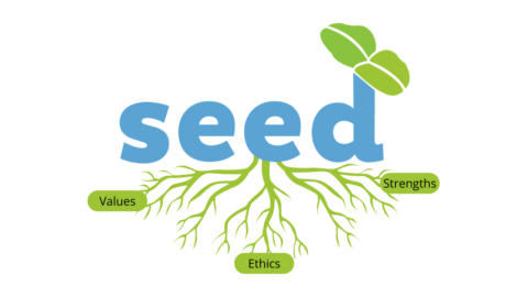 SEED graphic depicting values, ethics, and strengths as the "roots" of the SEED logo.